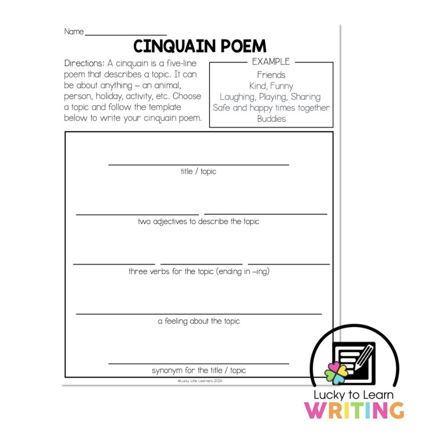 Printable Cinquain poem template for second graders, with spaces for the title, descriptive words, action words, feelings, and a synonym. Example poem about 'Friends.' A perfect template for teaching poetry in 2nd grade.